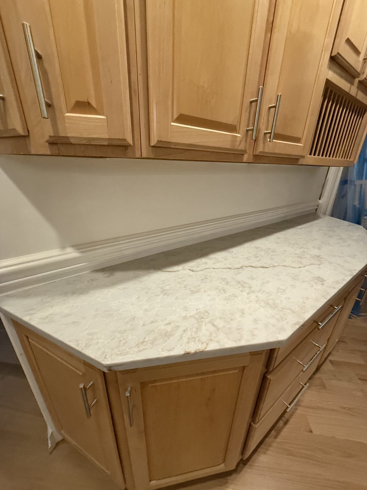Mitred stone edge detail on a finished countertop