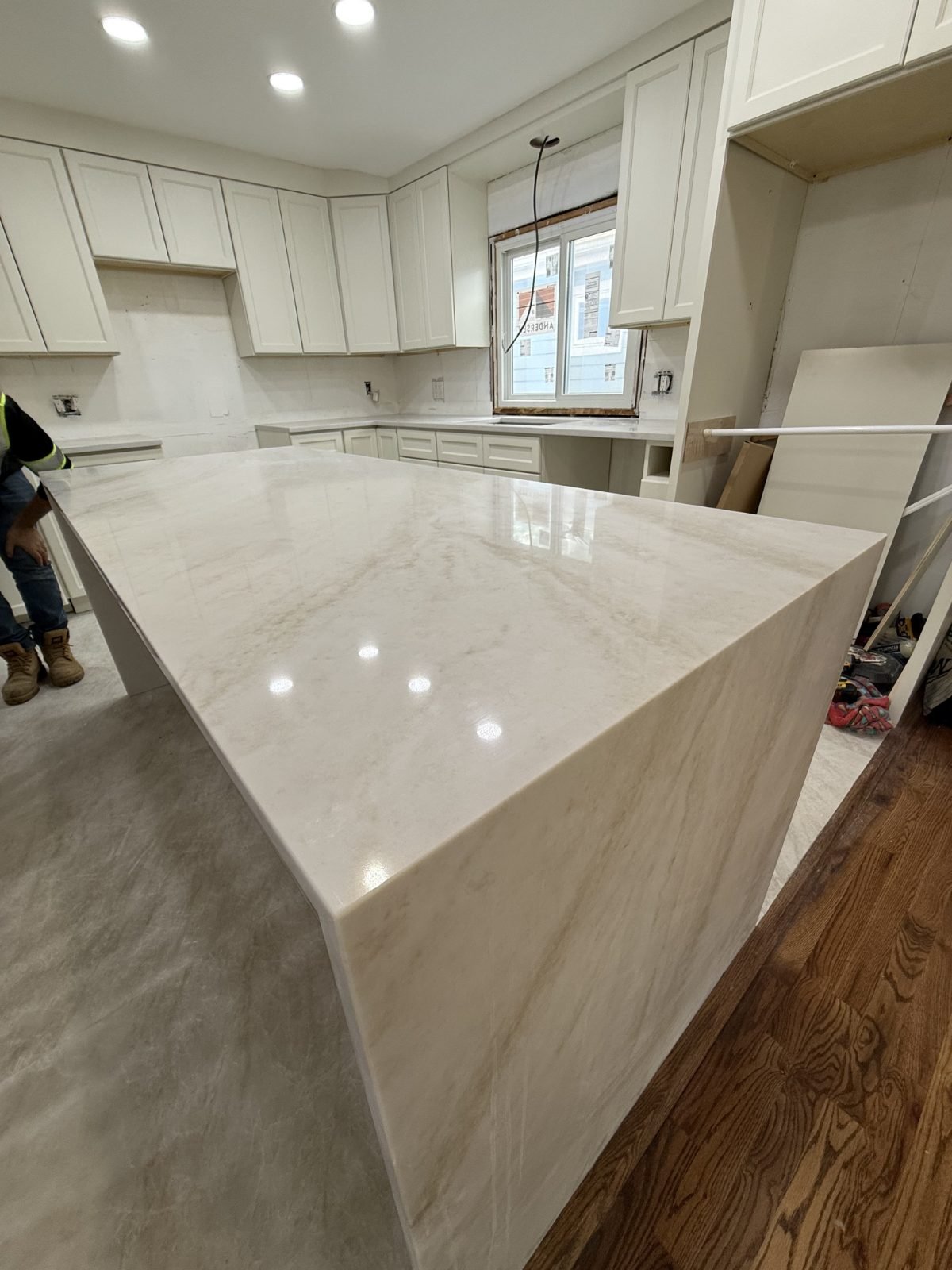 Polished stone counter with a mitred edge